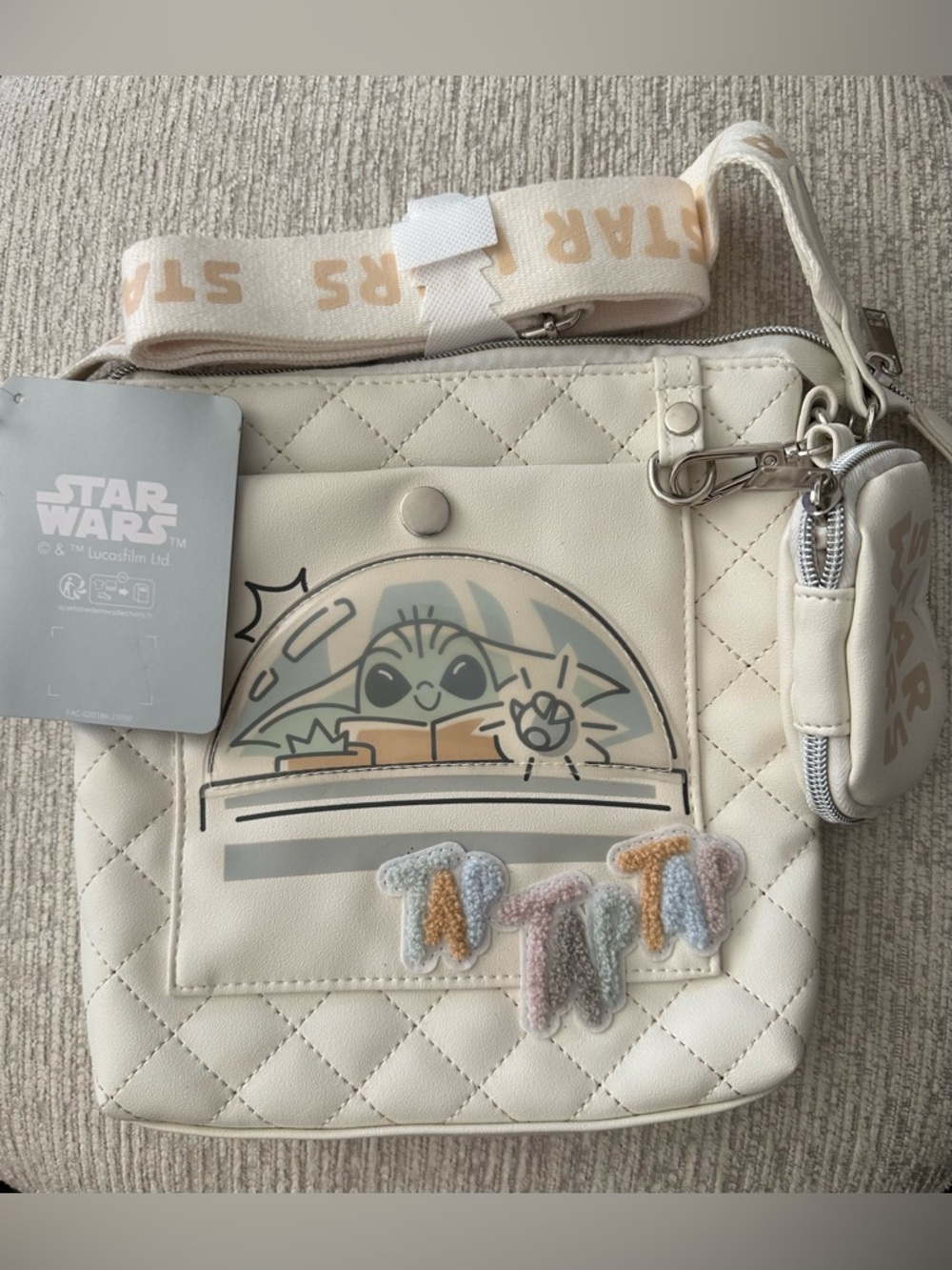 Disney Parks 2023 NWT Star Wars Grogu Quilted Cream Crossbody Bag